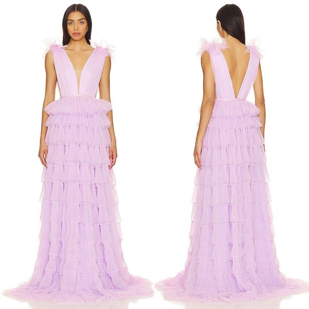 NWT Sau Lee Sabrina Ruffled Tulle Gown Lavender Size 4 $550￼
